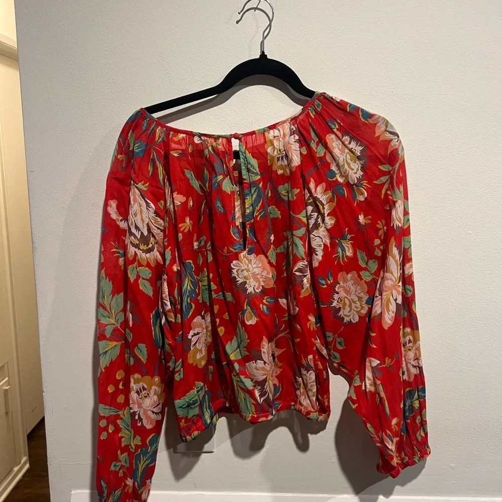 Anthropologie Red Crop Blouse with Relaxed Pleated Style